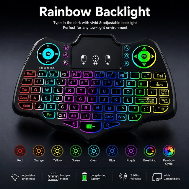 Alt view image 3 of 7 - Wofoboxair Mini Wireless Keyboard with Touchpad, Backlit, 2.4G & Bluetooth | for Fire TV Stick, smart tv,Android TV Box,projection, PC,Tablet,HTPC,PS4,7 color backlight, multimedia hotkeys