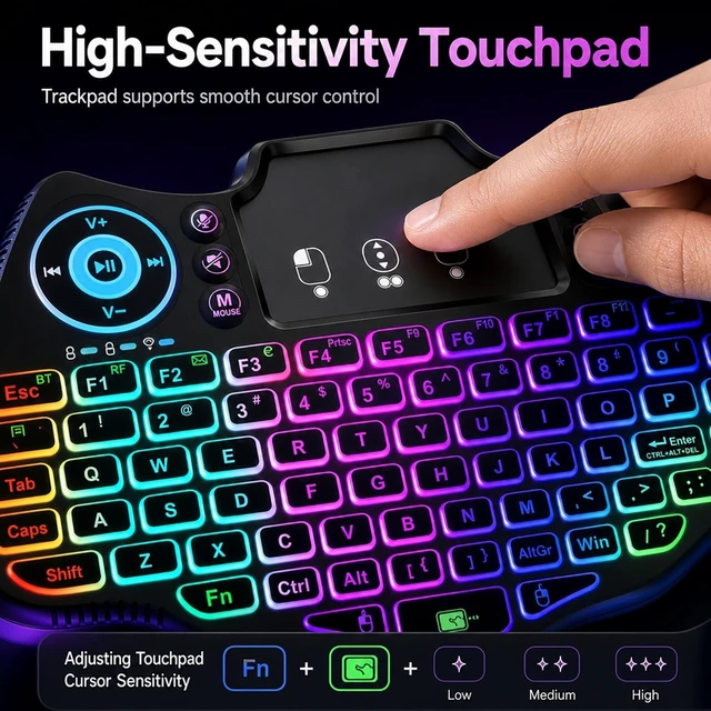Alt view image 6 of 7 - Wofoboxair Mini Wireless Keyboard with Touchpad, Backlit, 2.4G & Bluetooth | for Fire TV Stick, smart tv,Android TV Box,projection, PC,Tablet,HTPC,PS4,7 color backlight, multimedia hotkeys