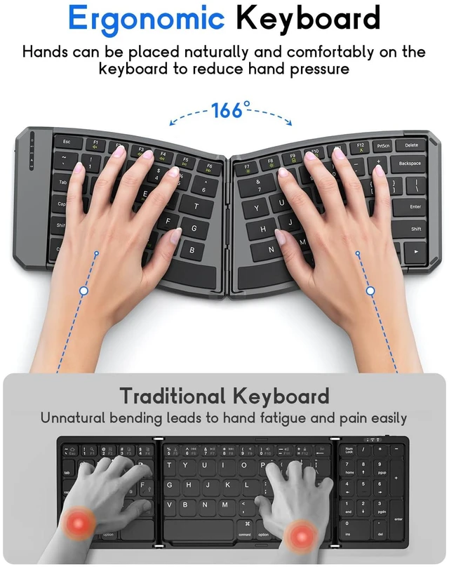 Alt view image 2 of 7 - MoKo Ergonomic Foldable Keyboard, Split Portable Folding Bluetooth Keyboard | Ultra Slim for Business Travel, Rechargeable Wireless Keyboard, for iOS/Android/Windows Tablet PC Smartphone