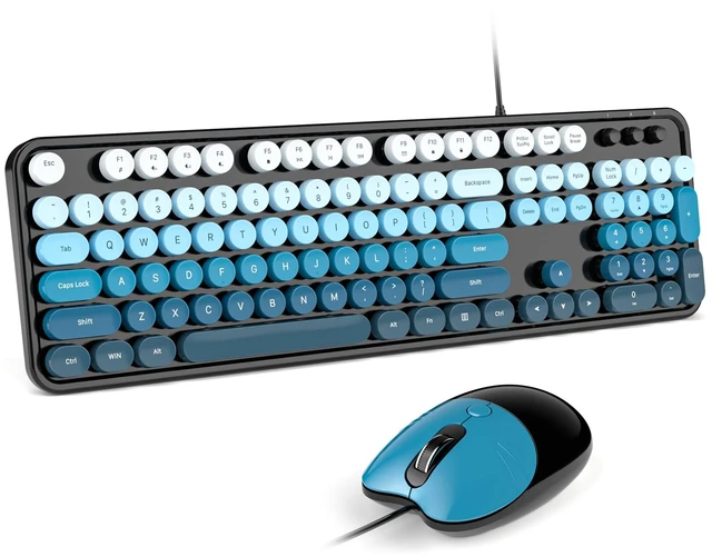 Main image of MOFII Wired Keyboard and Mouse Combo, Retro Full Size Typewriter Keyboard with Number Pad and Cute Cat Shape Mouse for PC Computer Desktop Laptop Windows (Black Blue)