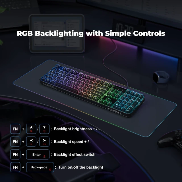 Alt view image 5 of 7 - GEEZER Computer Backlit Keyboard Black Crystal - Full-Size Wired Transparent Keycap Portable Keyboards Compatible with Windows, Laptop, PC, Desktop