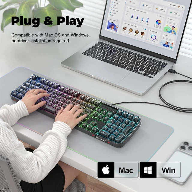 Alt view image 2 of 7 - GEEZER Computer Backlit Keyboard Black Crystal - Full-Size Wired Transparent Keycap Portable Keyboards Compatible with Windows, Laptop, PC, Desktop
