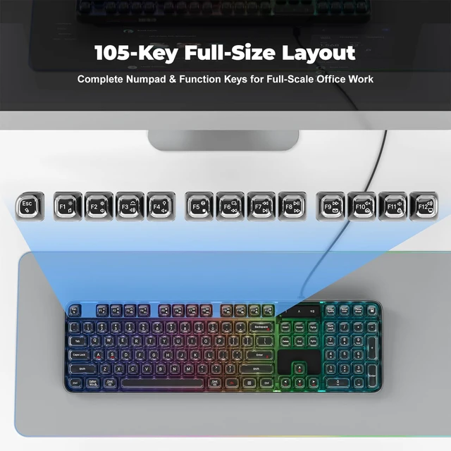 Alt view image 7 of 7 - GEEZER Computer Backlit Keyboard Black Crystal - Full-Size Wired Transparent Keycap Portable Keyboards Compatible with Windows, Laptop, PC, Desktop