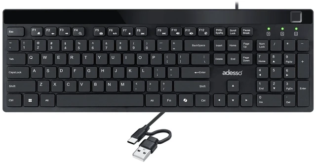 Main image of Adesso AKB-140FB Wired Low Profile Desktop Keyboard | USB, Built-in Fingerprint Reader, Windows Hello Compatible, AES-256 Encrypted, 104 Keys, 12 Hotkeys, USB-C with USB-A Adapter