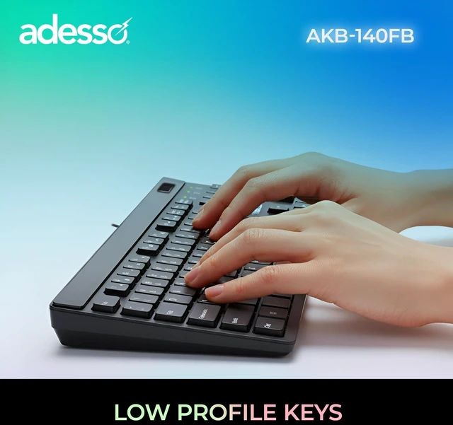 Alt view image 2 of 7 - Adesso AKB-140FB Wired Low Profile Desktop Keyboard | USB, Built-in Fingerprint Reader, Windows Hello Compatible, AES-256 Encrypted, 104 Keys, 12 Hotkeys, USB-C with USB-A Adapter