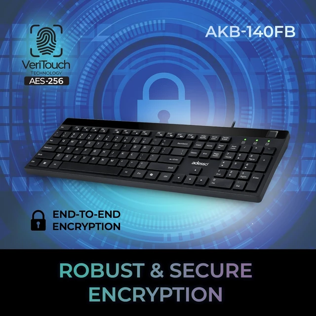 Alt view image 5 of 7 - Adesso AKB-140FB Wired Low Profile Desktop Keyboard | USB, Built-in Fingerprint Reader, Windows Hello Compatible, AES-256 Encrypted, 104 Keys, 12 Hotkeys, USB-C with USB-A Adapter