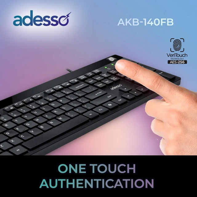 Alt view image 6 of 7 - Adesso AKB-140FB Wired Low Profile Desktop Keyboard | USB, Built-in Fingerprint Reader, Windows Hello Compatible, AES-256 Encrypted, 104 Keys, 12 Hotkeys, USB-C with USB-A Adapter