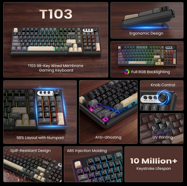 Alt view image 2 of 7 - T103 Full Size Gaming Keyboard,Black Wired Mechanical Feeling Keyboard | RGB Backlit,USB Membrane Keyboard with Number Pad and Dedicated Media Keys,26 Keys Anti-Ghosting,Silent keyboard for Office