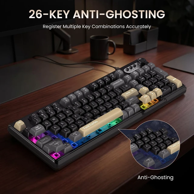 Alt view image 4 of 7 - T103 Full Size Gaming Keyboard,Black Wired Mechanical Feeling Keyboard | RGB Backlit,USB Membrane Keyboard with Number Pad and Dedicated Media Keys,26 Keys Anti-Ghosting,Silent keyboard for Office