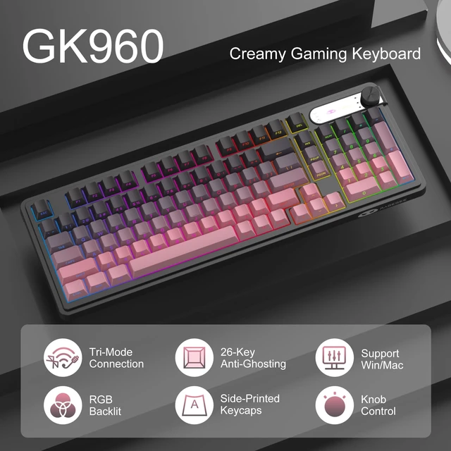 Alt view image 2 of 7 - MageGee GK960 Wireless Keyboard, 98 Keys Tri-Mode BT/2.4G/Wired Membrane Gaming Keyboard, RGB Creamy Keyboard with Number Pad, Knob Control, Side Printed Keycaps, 4000mAh Battery - Black & Pink