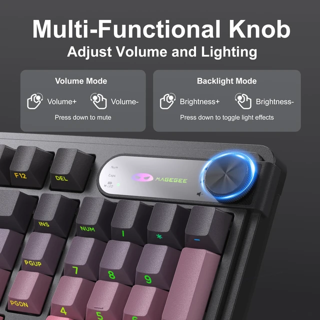 Alt view image 4 of 7 - MageGee GK960 Wireless Keyboard, 98 Keys Tri-Mode BT/2.4G/Wired Membrane Gaming Keyboard, RGB Creamy Keyboard with Number Pad, Knob Control, Side Printed Keycaps, 4000mAh Battery - Black & Pink