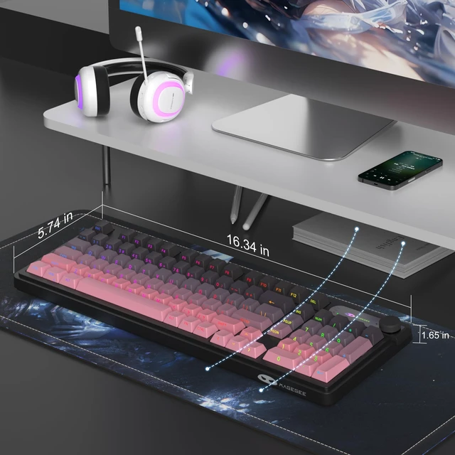Alt view image 7 of 7 - MageGee GK960 Wireless Keyboard, 98 Keys Tri-Mode BT/2.4G/Wired Membrane Gaming Keyboard, RGB Creamy Keyboard with Number Pad, Knob Control, Side Printed Keycaps, 4000mAh Battery - Black & Pink