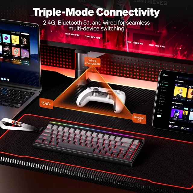 Alt view image 4 of 7 - MEETION Vibekey68 Wireless Gaming Keyboard, 68-Key Tri-Mode RGB, Black | Bluetooth 5.0, 2.4G and USB-C connectivity, RGB light bar, side-printed ABS keycaps and anti-ghosting membrane keys