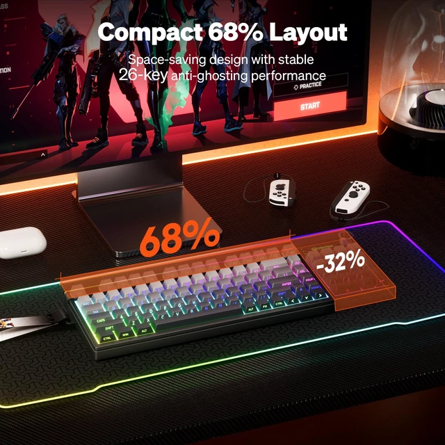 Alt view image 6 of 7 - MEETION Vibekey68 Wireless Gaming Keyboard, 68-Key Tri-Mode RGB, Black | Bluetooth 5.0, 2.4G and USB-C connectivity, RGB light bar, side-printed ABS keycaps and anti-ghosting membrane keys