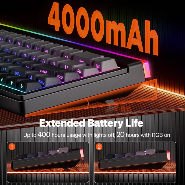 Alt view image 7 of 7 - MEETION Vibekey68 Wireless Gaming Keyboard, 68-Key Tri-Mode RGB, Black | Bluetooth 5.0, 2.4G and USB-C connectivity, RGB light bar, side-printed ABS keycaps and anti-ghosting membrane keys