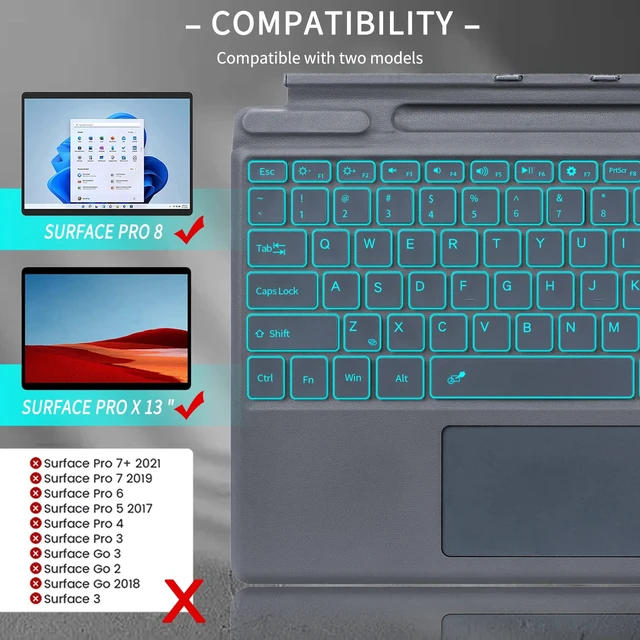 Alt view image 3 of 7 - Surface Pro 11 Bluetooth Wireless Keyboard with Trackpad Backlit Magnetic Keyboard for Microsoft Surface Pro X, Surface Pro 9, Surface Pro 8, Surface Pro 10