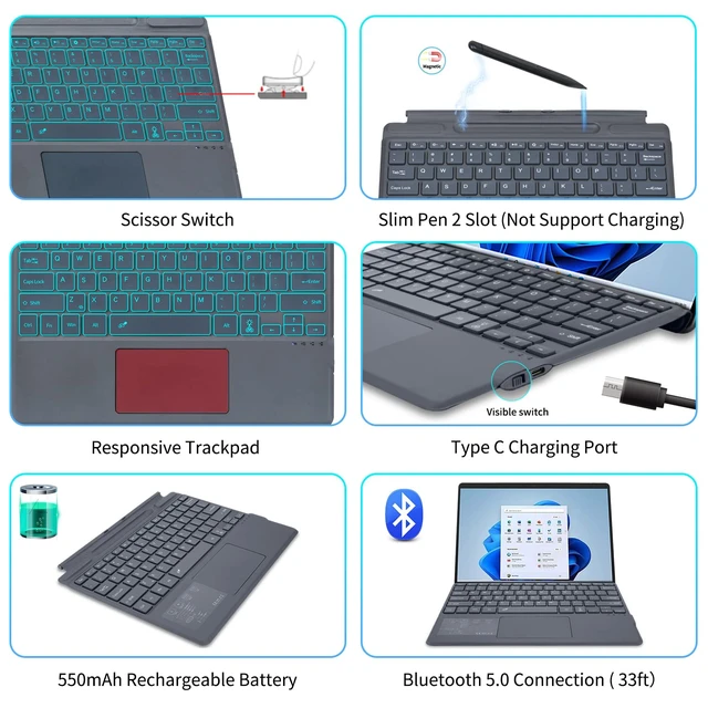 Alt view image 4 of 7 - Surface Pro 11 Bluetooth Wireless Keyboard with Trackpad Backlit Magnetic Keyboard for Microsoft Surface Pro X, Surface Pro 9, Surface Pro 8, Surface Pro 10