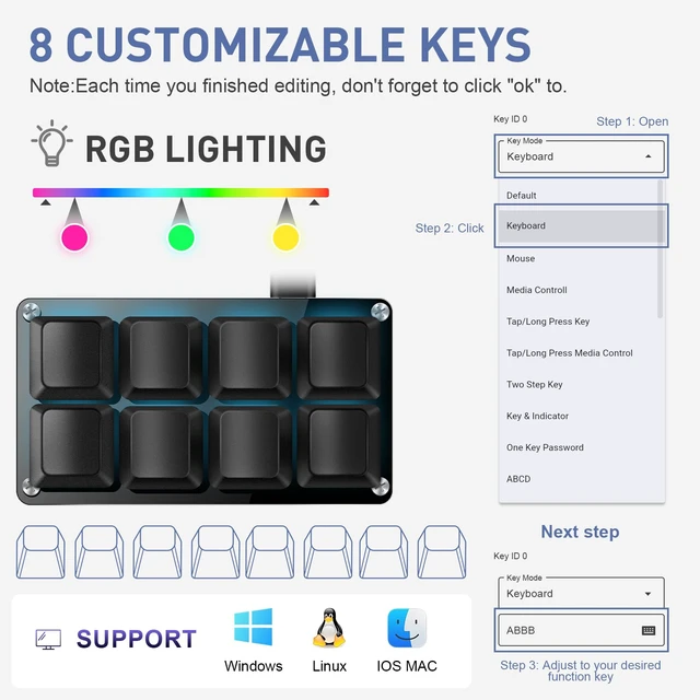Alt view image 6 of 7 - Mini 8-Key Programmable Keyboard with Hotswappable Mechanical Switches | For Rhythm Games RGB Gaming Keypad for Customized Macros Office Work Copy Paste Shortcut Keys