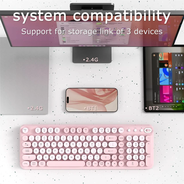 Alt view image 3 of 6 - COVEVA Wireless Bluetooth Keyboard, Full Size Retro Round Keycaps (Pink) | Typewriter Style Wireless Keyboard with 2.4GHz and Dual-Mode Bluetooth Compatibility for Windows, Mac, PC, Laptop, Tablet