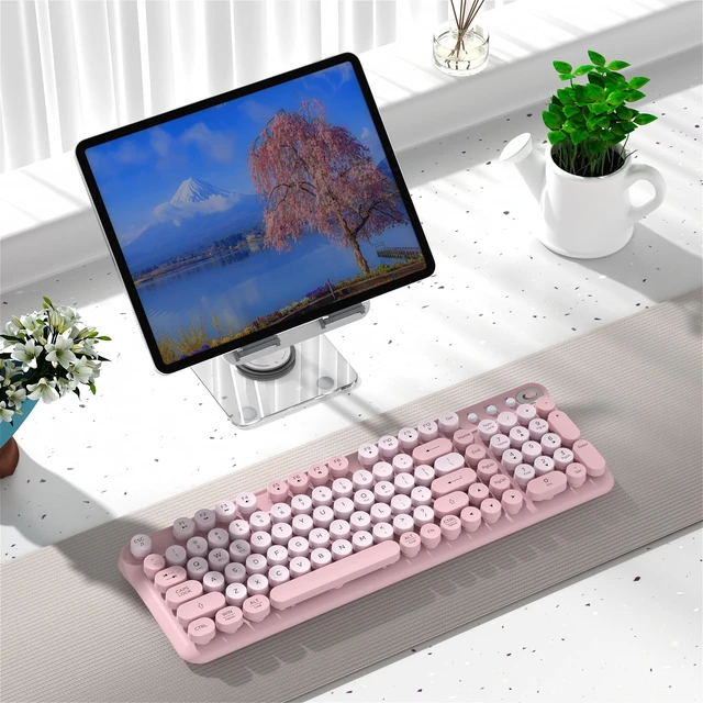 Alt view image 2 of 6 - COVEVA Wireless Bluetooth Keyboard, Full Size Retro Round Keycaps (Pink) | Typewriter Style Wireless Keyboard with 2.4GHz and Dual-Mode Bluetooth Compatibility for Windows, Mac, PC, Laptop, Tablet