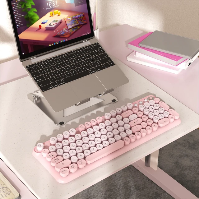 Alt view image 4 of 6 - COVEVA Wireless Bluetooth Keyboard, Full Size Retro Round Keycaps (Pink) | Typewriter Style Wireless Keyboard with 2.4GHz and Dual-Mode Bluetooth Compatibility for Windows, Mac, PC, Laptop, Tablet