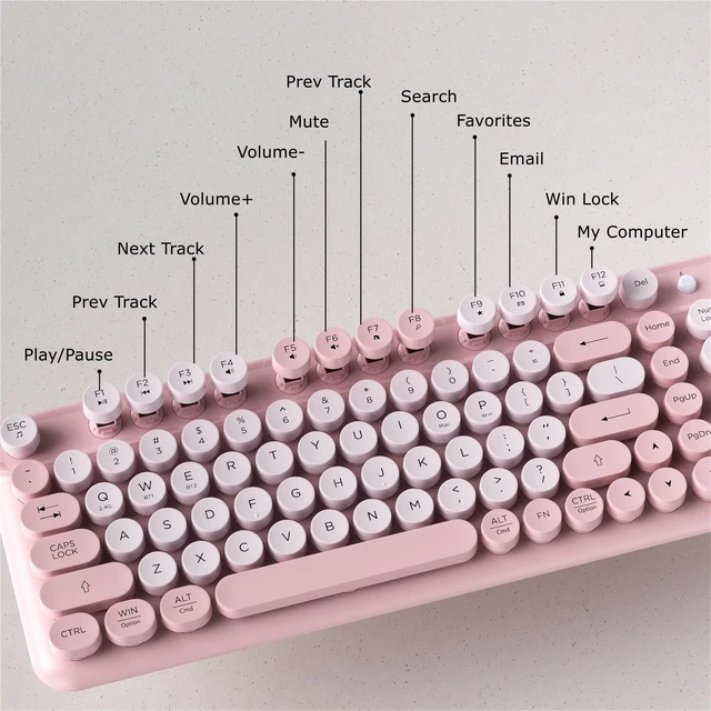 Alt view image 5 of 6 - COVEVA Wireless Bluetooth Keyboard, Full Size Retro Round Keycaps (Pink) | Typewriter Style Wireless Keyboard with 2.4GHz and Dual-Mode Bluetooth Compatibility for Windows, Mac, PC, Laptop, Tablet