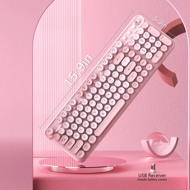Alt view image 6 of 6 - COVEVA Wireless Bluetooth Keyboard, Full Size Retro Round Keycaps (Pink) | Typewriter Style Wireless Keyboard with 2.4GHz and Dual-Mode Bluetooth Compatibility for Windows, Mac, PC, Laptop, Tablet