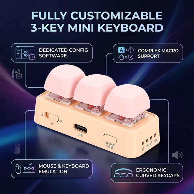 Alt view image 4 of 7 - Pomya 3 Key Macro Keyboard Bluetooth USB Programmable Keypad, RGB Backlit Mini Mechanical Controller for Gaming Editing Copy Paste Shortcuts, Portable Custom Buttons Pad (Pink)