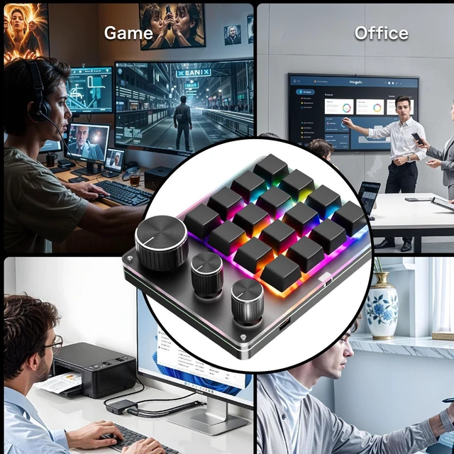 Alt view image 4 of 7 - Fabater 16 Key Mechanical Keyboard, Programmable Keypad with 3 Adjustable Knobs, BT 2.4G Wireless Wired 3 Modes, Customizable Shortcut Keys, Intelligent LED Lighting (Black)