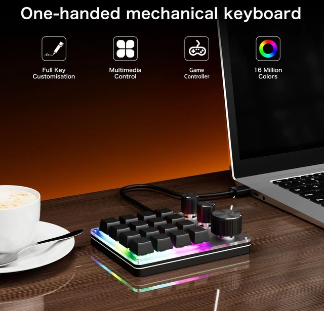 Alt view image 6 of 7 - Fabater 16 Key Mechanical Keyboard, Programmable Keypad with 3 Adjustable Knobs, BT 2.4G Wireless Wired 3 Modes, Customizable Shortcut Keys, Intelligent LED Lighting (Black)