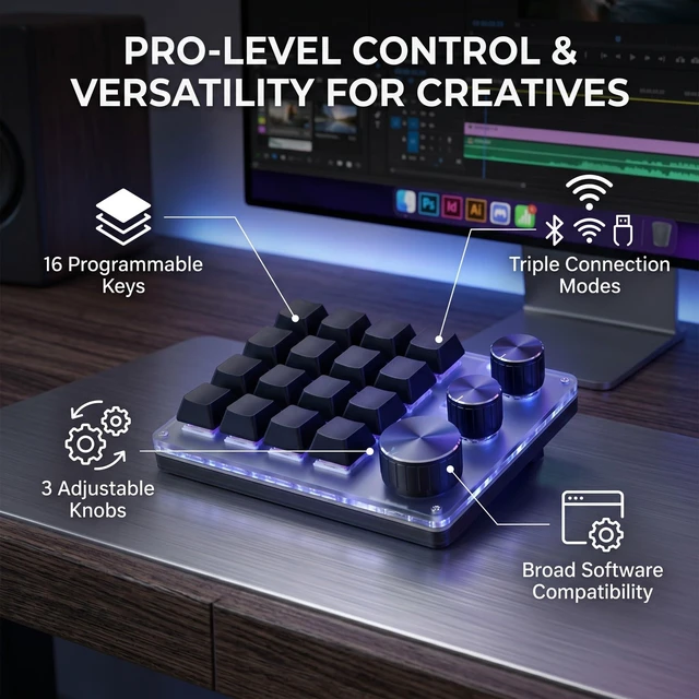 Alt view image 5 of 7 - Fabater 16 Key Mechanical Keyboard, Programmable Keypad with 3 Adjustable Knobs, BT 2.4G Wireless Wired 3 Modes, Customizable Shortcut Keys, Intelligent LED Lighting (Black)