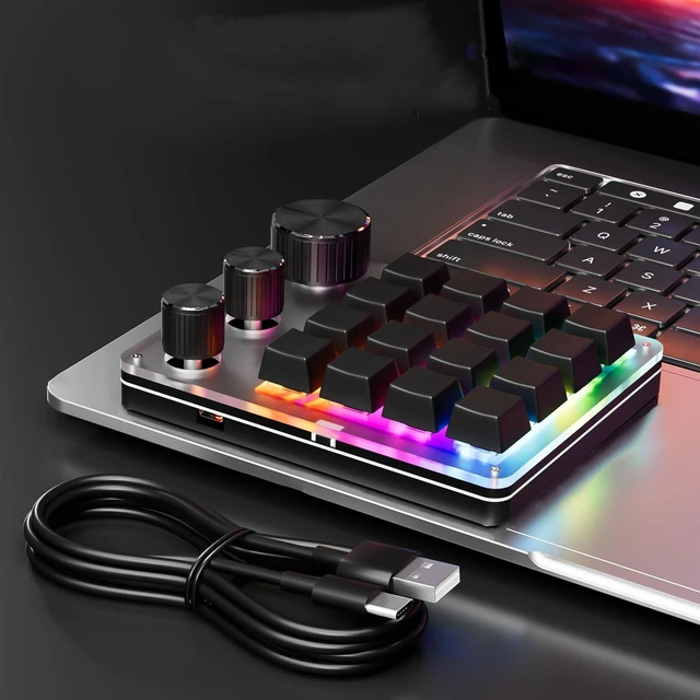 Alt view image 2 of 7 - Fabater 16 Key Mechanical Keyboard, Programmable Keypad with 3 Adjustable Knobs, BT 2.4G Wireless Wired 3 Modes, Customizable Shortcut Keys, Intelligent LED Lighting (Black)