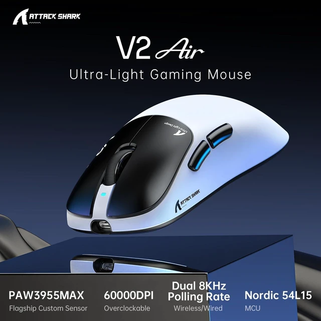 Alt view image 2 of 7 - ATTACK SHARK V2 AIR 8K Lightweight Wireless Gaming Mouse, 59g, Ink&Stickers | Dual 8K, 0.168ms, 800H Battery, Tri-Mode, Nordic 54L15, PAW3955MAX, 60K DPI, 100M-Click Switches, Web Driver, RGB Cable