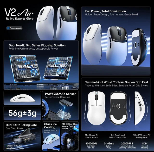 Alt view image 3 of 7 - ATTACK SHARK V2 AIR 8K Lightweight Wireless Gaming Mouse, 59g, Ink&Stickers | Dual 8K, 0.168ms, 800H Battery, Tri-Mode, Nordic 54L15, PAW3955MAX, 60K DPI, 100M-Click Switches, Web Driver, RGB Cable