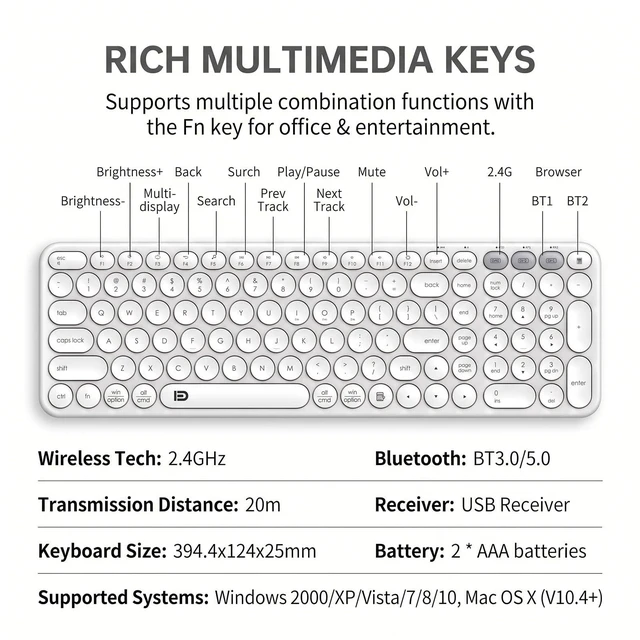 Alt view image 4 of 4 - Wireless Keyboard Bluetooth 2.4g Tri Mode Retro Silent for Ipad Laptop Pc | tri mode 2.4g & bt 3.0/5.0, connect 3 devices, retro round keys, quiet, anti ghosting, win mac ios android, 20m range, slim
