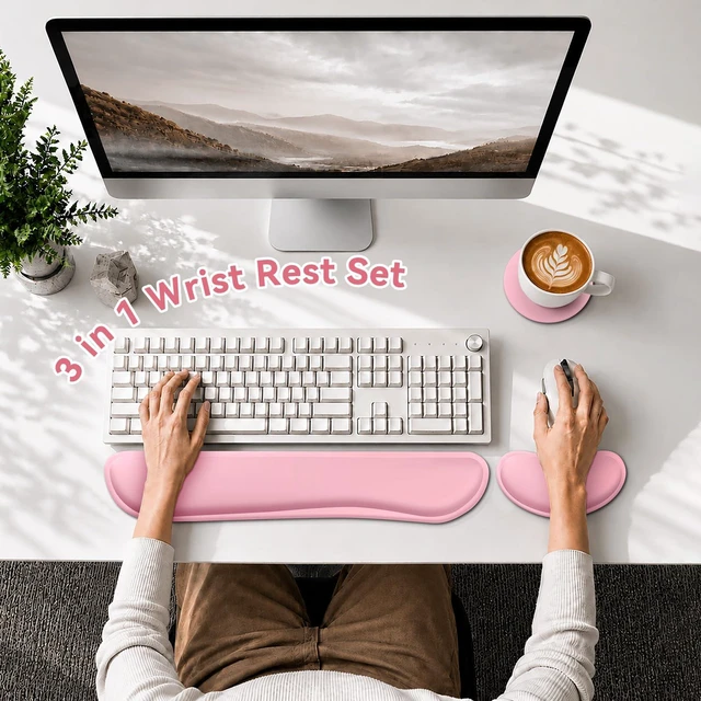 Alt view image 2 of 7 - Retuhapy Keyboard Wrist Rest Set, Gel Memory Foam, 3-Piece, Pink | Silky Wrist Rest for Computer Keyboard and Mouse Pad, Ergonomic Wrist Support for Typing Pain Relief, Office Desk Accessories