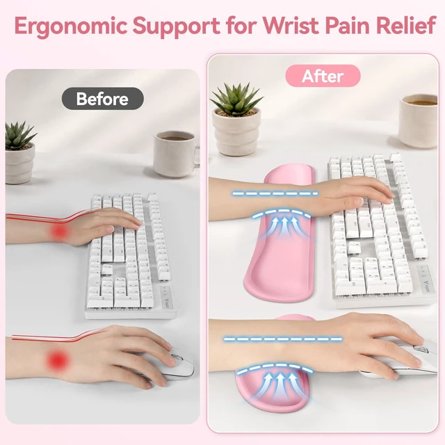 Alt view image 3 of 7 - Retuhapy Keyboard Wrist Rest Set, Gel Memory Foam, 3-Piece, Pink | Silky Wrist Rest for Computer Keyboard and Mouse Pad, Ergonomic Wrist Support for Typing Pain Relief, Office Desk Accessories