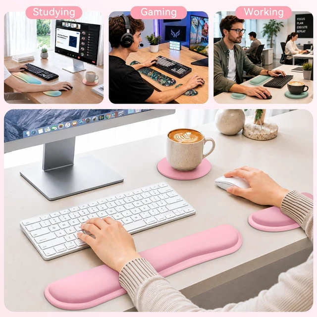 Alt view image 7 of 7 - Retuhapy Keyboard Wrist Rest Set, Gel Memory Foam, 3-Piece, Pink | Silky Wrist Rest for Computer Keyboard and Mouse Pad, Ergonomic Wrist Support for Typing Pain Relief, Office Desk Accessories