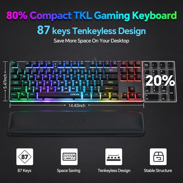 Alt view image 4 of 7 - CHONCHOW 87 Keys TKL Wired Gaming Keyboard with Wrist Rest, Detachable USB-C Cable, RGB Backlight, Full Metal Panel Keyboard Compatible with PC Laptop Mac Xbox Ps4 Ps5 (Black)