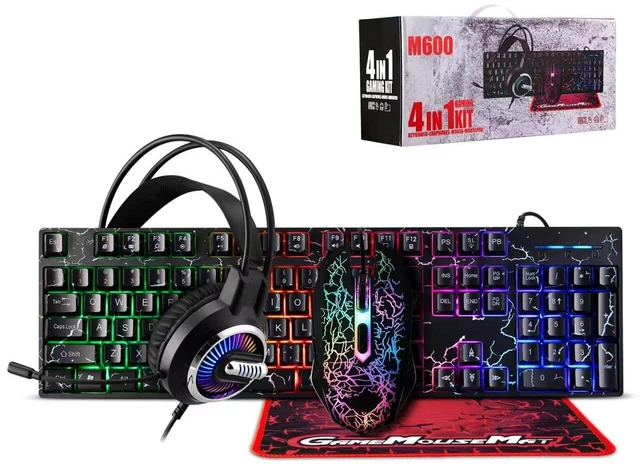 Main image of Guiheng Wired Crack Rainbow Gaming Keyboard and Mouse Combo,Mouse pad and Gaming Headset, Wired LED RGB Backlight Bundle for PC Gamers and Xbox and PS4 Users - 4 in 1 Edition