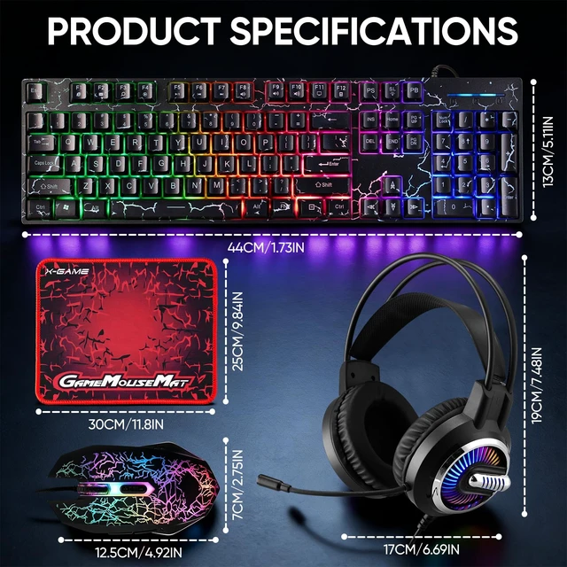 Alt view image 4 of 7 - Guiheng Wired Crack Rainbow Gaming Keyboard and Mouse Combo,Mouse pad and Gaming Headset, Wired LED RGB Backlight Bundle for PC Gamers and Xbox and PS4 Users - 4 in 1 Edition