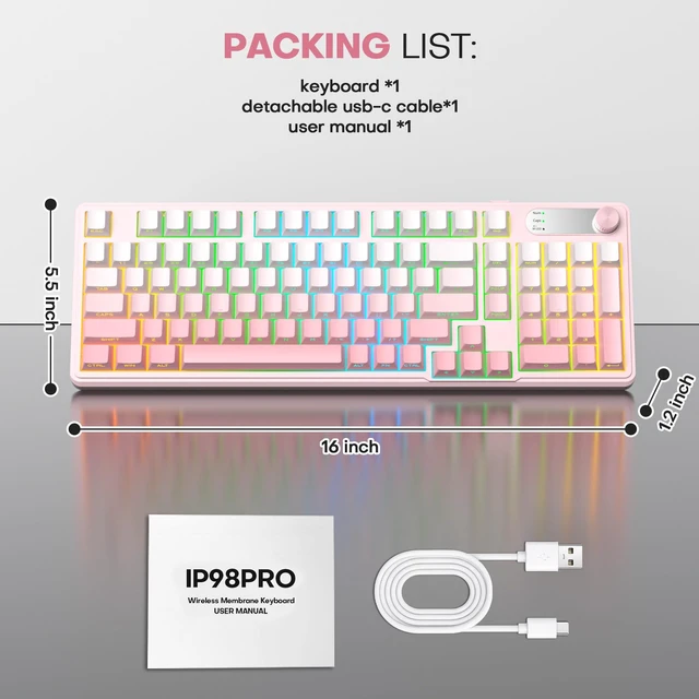 Alt view image 2 of 7 - Gaming keyboard Pink,98 keys Wireless Typewriter Creamy with Number Pad | Membrane Keyboard,RGB Backlit,Tri-Mode BT/2.4GHz/USB-C,4000mAh Rechargeable Thocky Clicky Creamy Sound Computer Keyboards