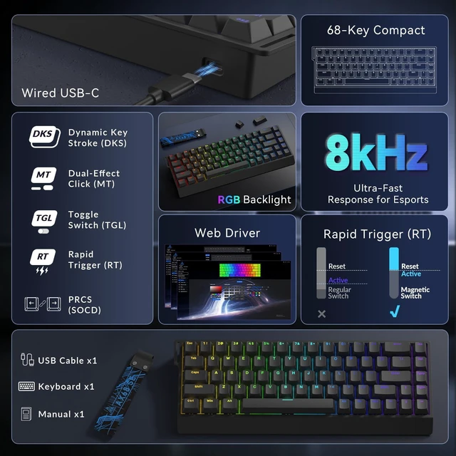 Alt view image 7 of 7 - SOLAKAKA AX68 SE Hall Effect Magnetic Switch Gaming Keyboard,black | Fast Trigger Mode Adjustable Actuation, PBT Keycaps, RGB Backlit, Rapid Trigger Keyboard for PC/Laptop/Gamer
