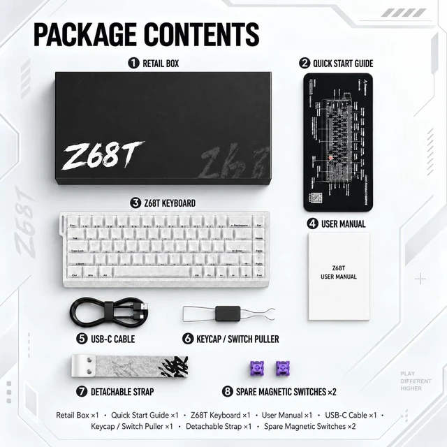 Alt view image 7 of 7 - Keysla WIN68 Wired Hall Effect Gaming Keyboard, 8000Hz Rapid Trigger, White | Rapid Trigger Wired Magnetic Switch Hot-Swappable, 8000HZ Polling, RGB PBT Keycaps, Web Driver for PC Mac Esport Gamer
