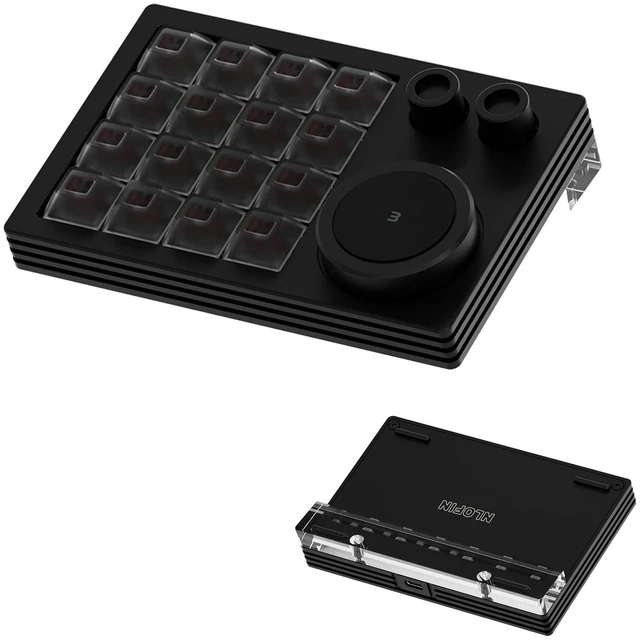 Main image of NLOFIN Macro Pad,Programmable Designer Macro Keyboard, 16 Keys Triple Knob and Screen with Macro Keypad,One Handed Gaming Keyboard for iOS,Windows (Black)