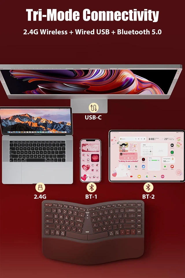 Alt view image 2 of 6 - TISHLED Ergonomic Keyboard Wireless 2.4G/Bluetooth/Wired with Wrist Rest | Arc-Shaped Split Keys Compact 85-Key Silent Low-Profile Scissor Switches Rechargeable for Win/Mac/PC/Laptop/iPad, Burgundy