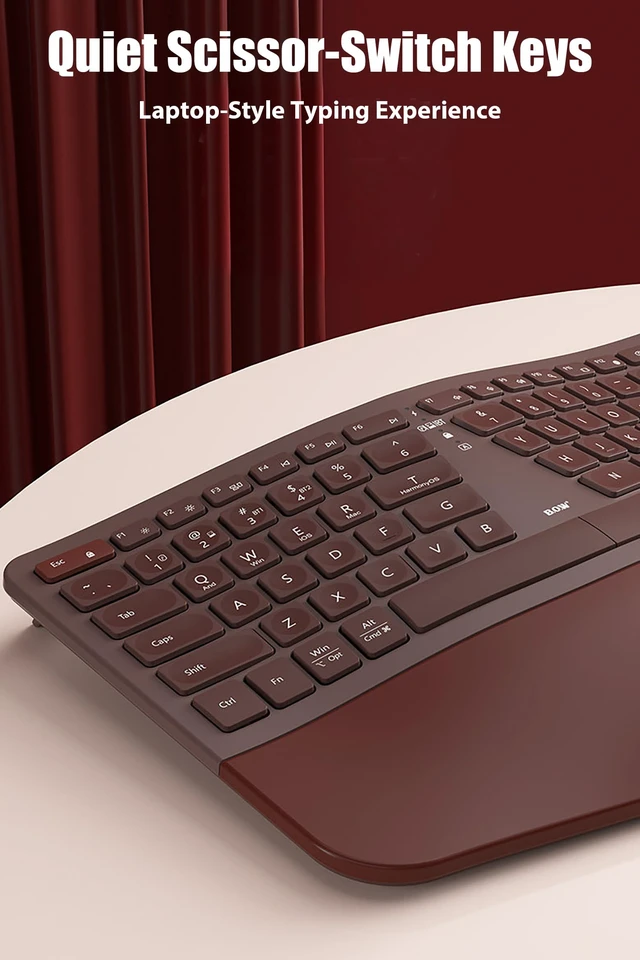 Alt view image 4 of 6 - TISHLED Ergonomic Keyboard Wireless 2.4G/Bluetooth/Wired with Wrist Rest | Arc-Shaped Split Keys Compact 85-Key Silent Low-Profile Scissor Switches Rechargeable for Win/Mac/PC/Laptop/iPad, Burgundy