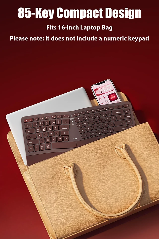Alt view image 5 of 6 - TISHLED Ergonomic Keyboard Wireless 2.4G/Bluetooth/Wired with Wrist Rest | Arc-Shaped Split Keys Compact 85-Key Silent Low-Profile Scissor Switches Rechargeable for Win/Mac/PC/Laptop/iPad, Burgundy