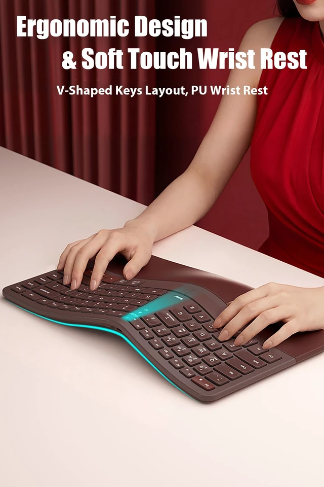 Alt view image 3 of 6 - TISHLED Ergonomic Keyboard Wireless 2.4G/Bluetooth/Wired with Wrist Rest | Arc-Shaped Split Keys Compact 85-Key Silent Low-Profile Scissor Switches Rechargeable for Win/Mac/PC/Laptop/iPad, Burgundy