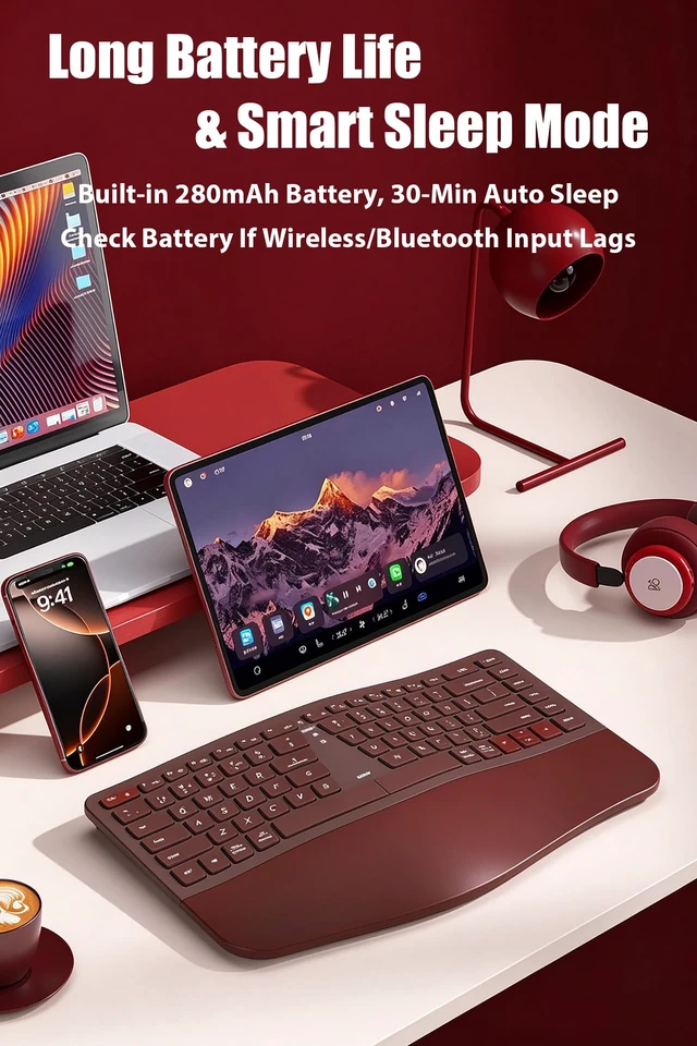Alt view image 6 of 6 - TISHLED Ergonomic Keyboard Wireless 2.4G/Bluetooth/Wired with Wrist Rest | Arc-Shaped Split Keys Compact 85-Key Silent Low-Profile Scissor Switches Rechargeable for Win/Mac/PC/Laptop/iPad, Burgundy